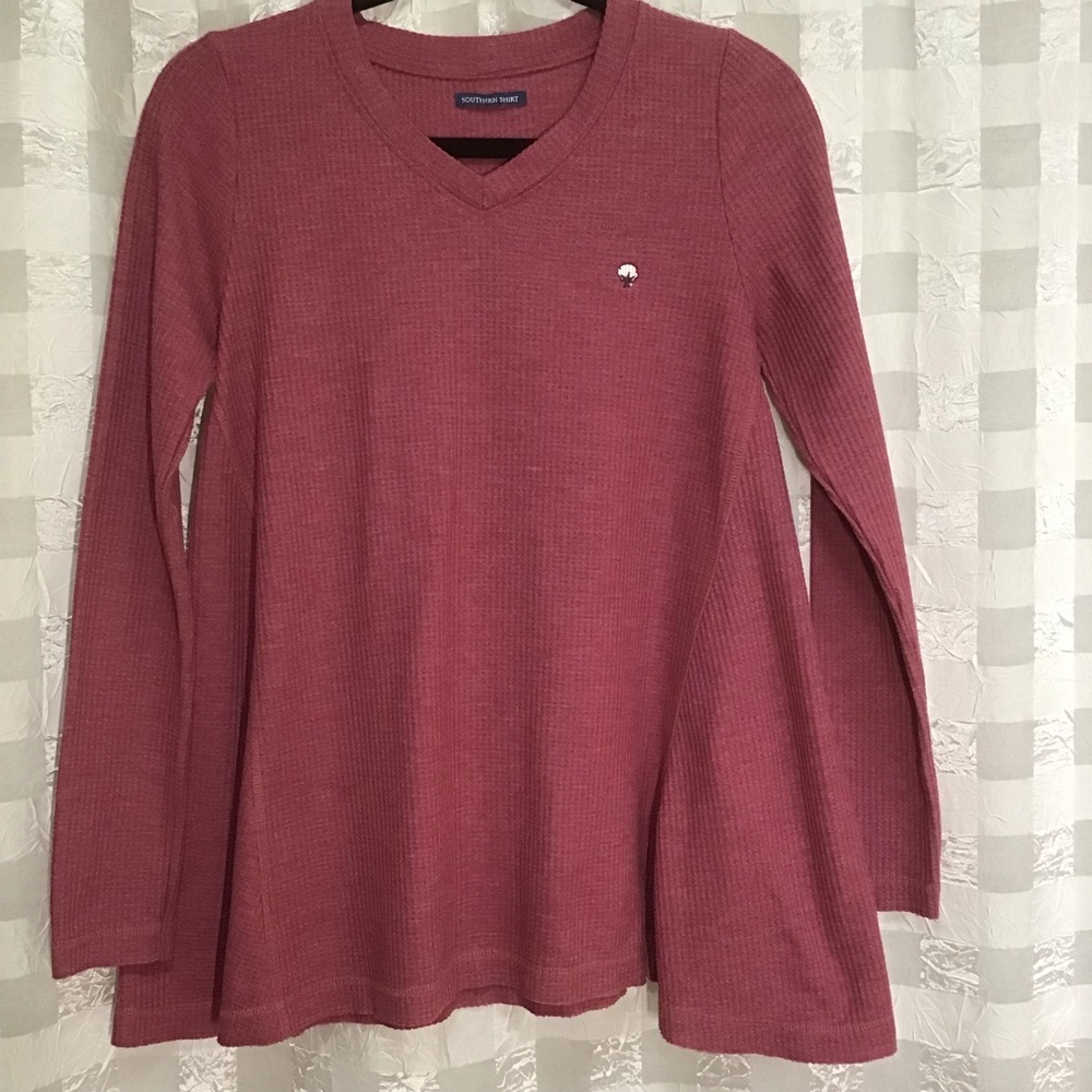 Southern Shirt Rosy Pink V-Neck Waffle Weave Long Sleeve Swing Top, Size XS